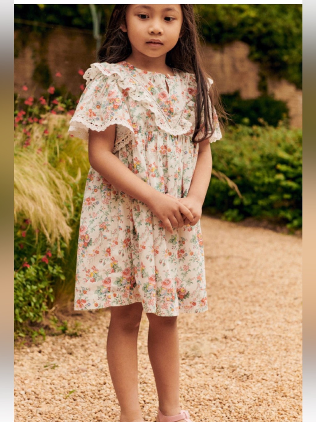 Classic Floral Lace-Trim Girls' Casual Dress